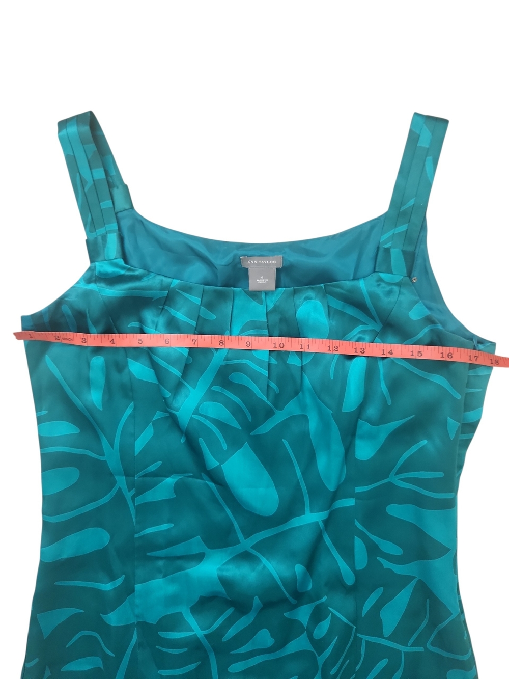 Ann Taylor Sleeveless Square Neckline Teal Green Silk Tropical Print Dress Size6 - Picture 6 of 13